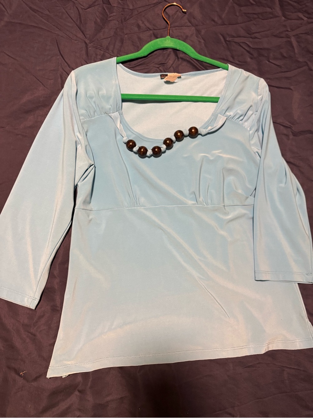 Light Blue Women’s Scoop Neck Top with Beaded Detail